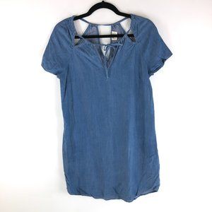 AMT Above Mediocre Taste Chambray Short Sleeve Tencel Tie Neck Shift Dress Sz S
